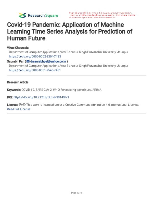 (PDF) Covid-19 Pandemic: Application of Machine Learning Time Series ...