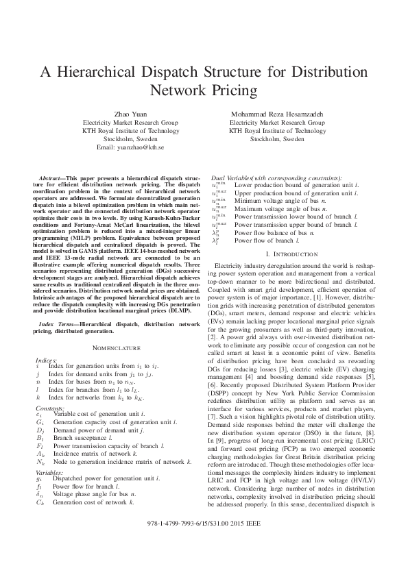 (PDF) A Hierarchical Dispatch Structure for Distribution Network Pricing