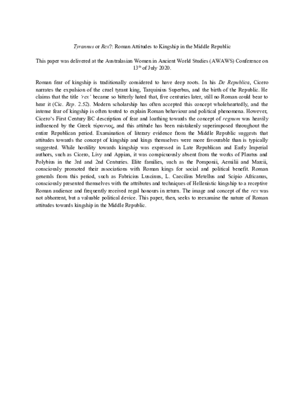 (DOC) [Abstract] Tyrannus or Rex?: Roman Attitudes towards Kingship in ...