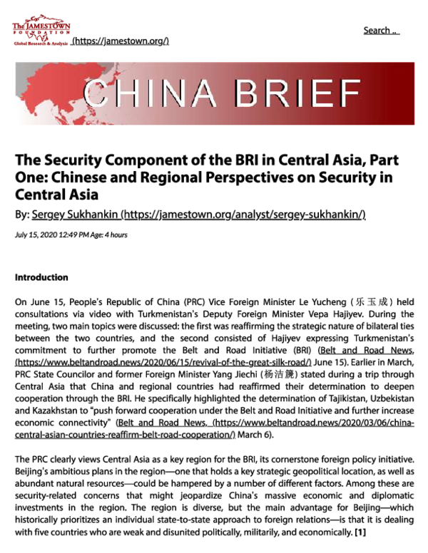 (PDF) The Security Component of the BRI in Central Asia, Part One ...