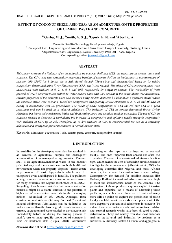  pdf effect of coconut shell ash csa as an admixture on the