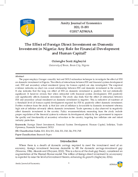 (PDF) The Effect of Foreign Direct Investment on Domestic Investment in ...