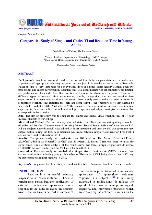 (PDF) Comparative Study of Simple and Choice Visual Reaction Time in ...
