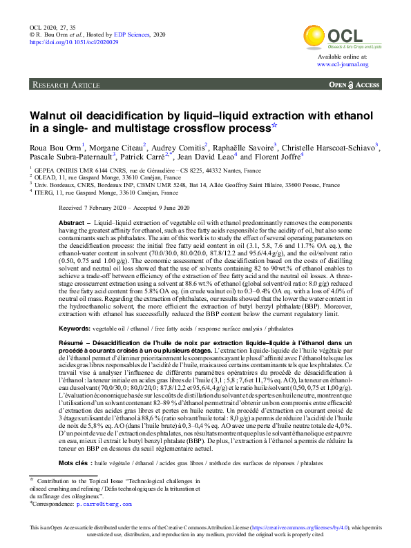 (PDF) Walnut oil deacidification by liquidliquid extraction with