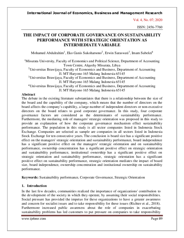 (PDF) THE IMPACT OF CORPORATE GOVERNANCE ON SUSTAINABILITY PERFORMANCE ...