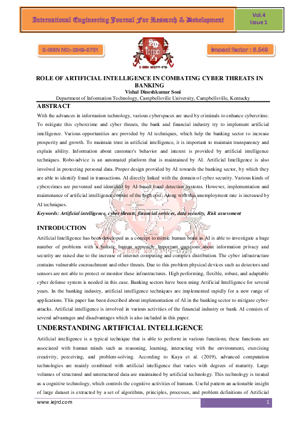 (PDF) ROLE OF ARTIFICIAL INTELLIGENCE IN COMBATING CYBER THREATS IN BANKING