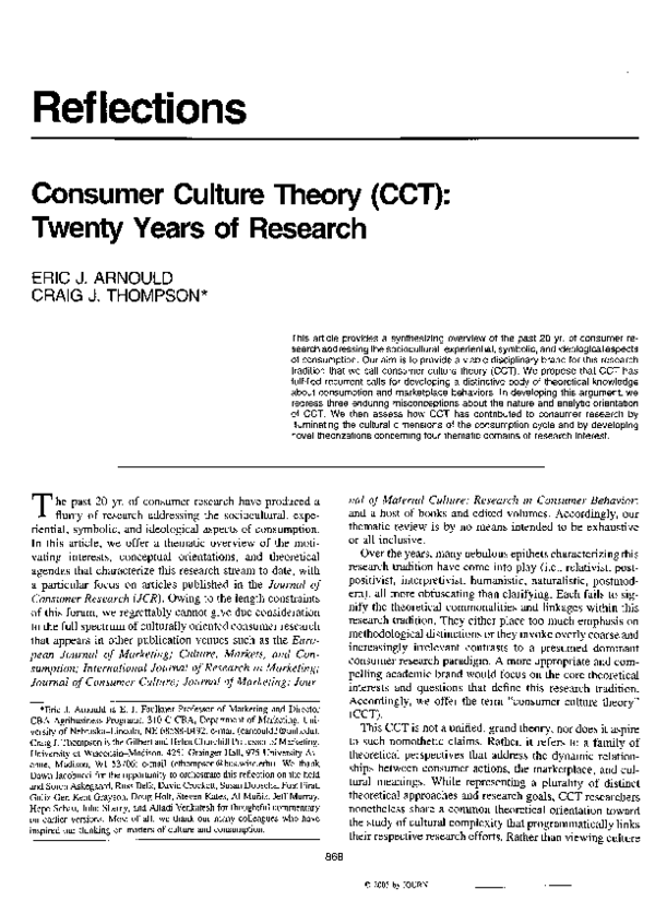 PDF) Consumer culture theory (CCT): 20 years of research