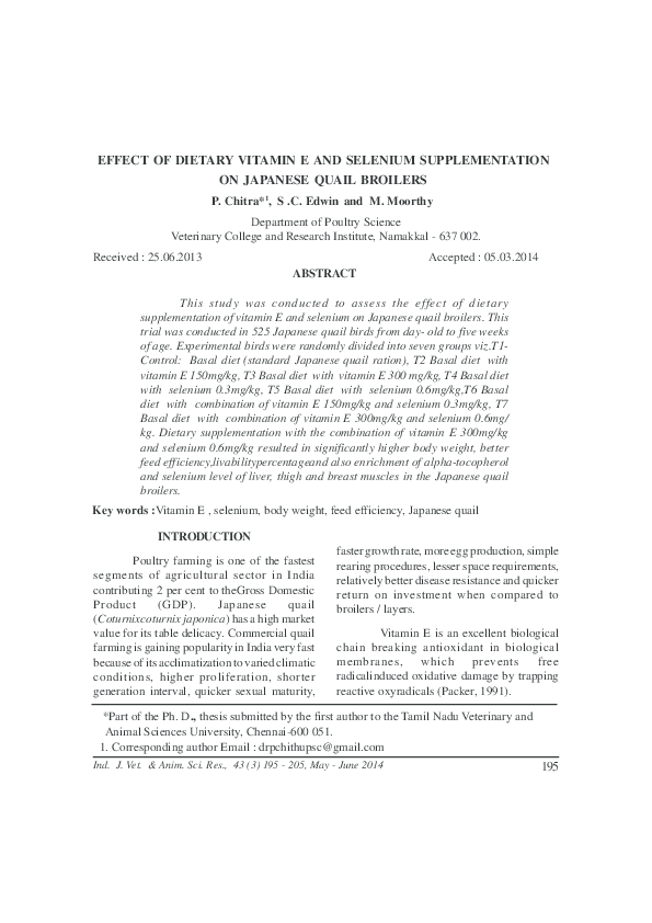 (PDF) EFFECT OF DIETARY VITAMIN E AND SELENIUM SUPPLEMENTATION ON ...
