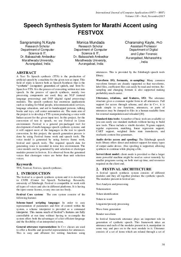 (PDF) Speech Synthesis System for Marathi Accent using FESTVOX