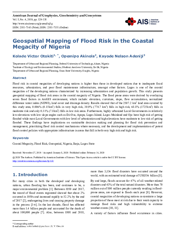(PDF) Geospatial Mapping of Flood Risk in the Coastal Megacity of Nigeria