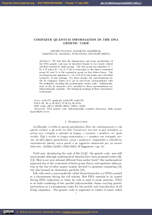(PDF) Complete Quantum Information In The DNA Genetic Code