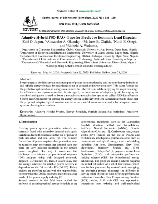 (PDF) Adaptive Hybrid PSO-RAO -Type for Predictive Economic Load Dispatch