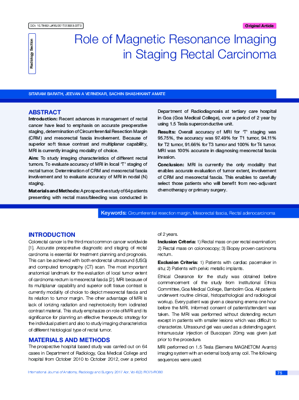 (PDF) Role of Magnetic Resonance Imaging in Staging Rectal Carcinoma