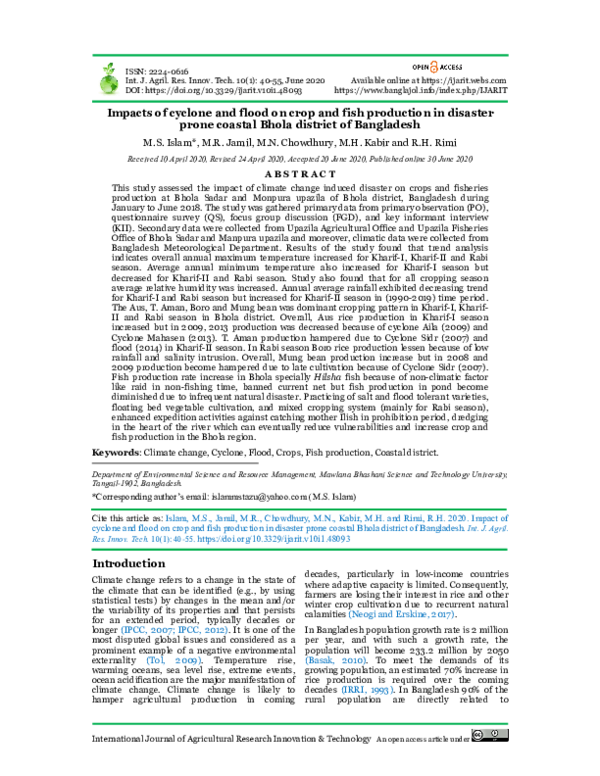 (PDF) Impacts of cyclone and flood on crop and fish production in ...