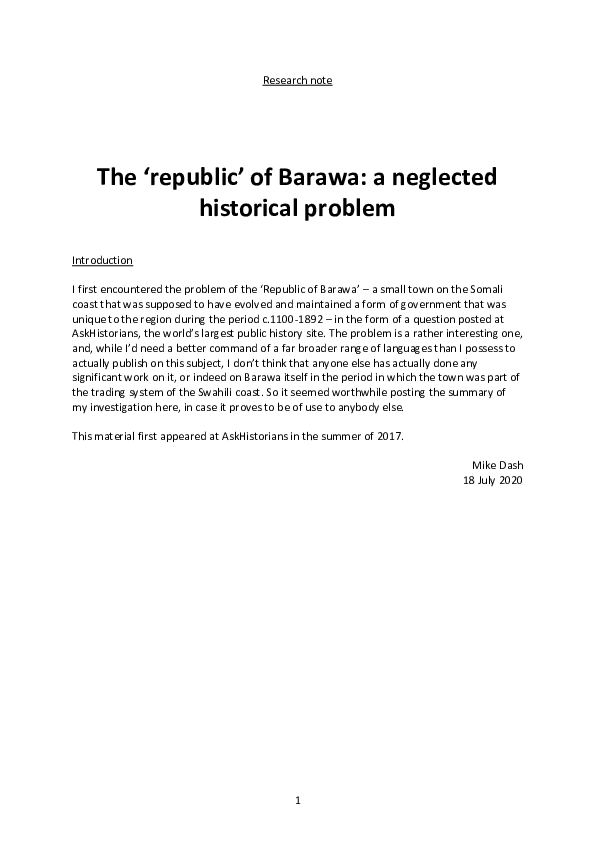 (PDF) The 'republic' of Barawa: a neglected historical problem