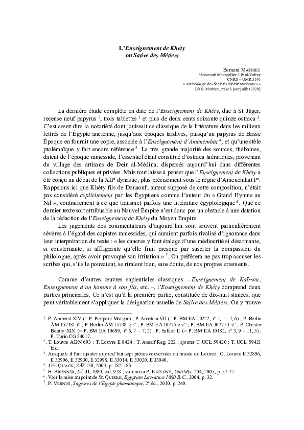 (PDF) L'Enseignement de Khéty ou Satire des Métiers