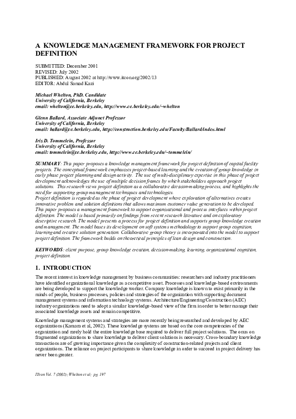 (PDF) A knowledge management framework for project definition, ITcon ...