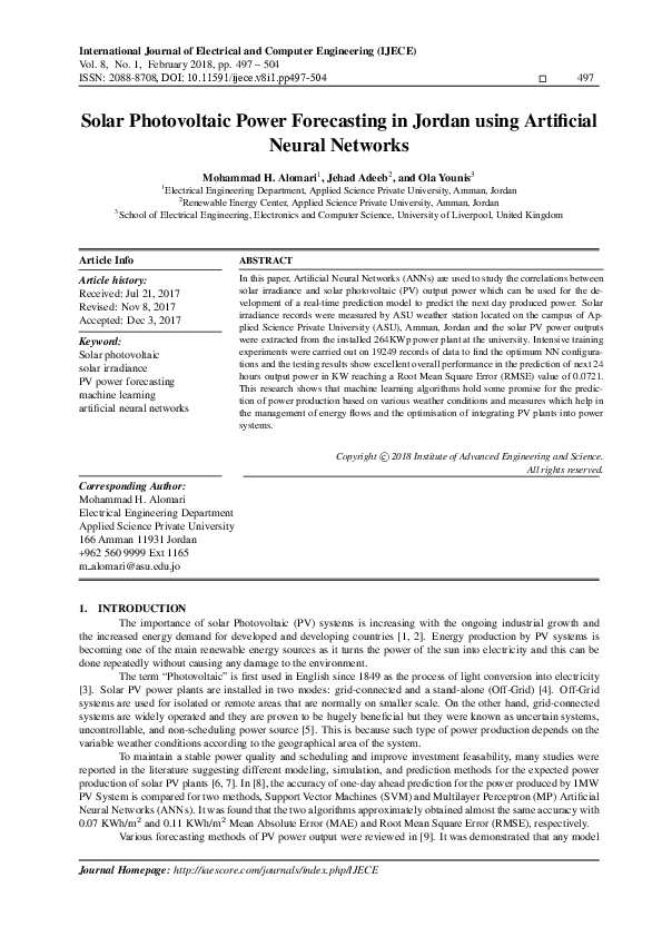 (PDF) Solar Photovoltaic Power Forecasting in Jordan using Artificial ...