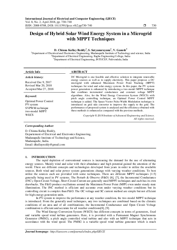 (PDF) Design of Hybrid Solar Wind Energy System in a Microgrid with ...