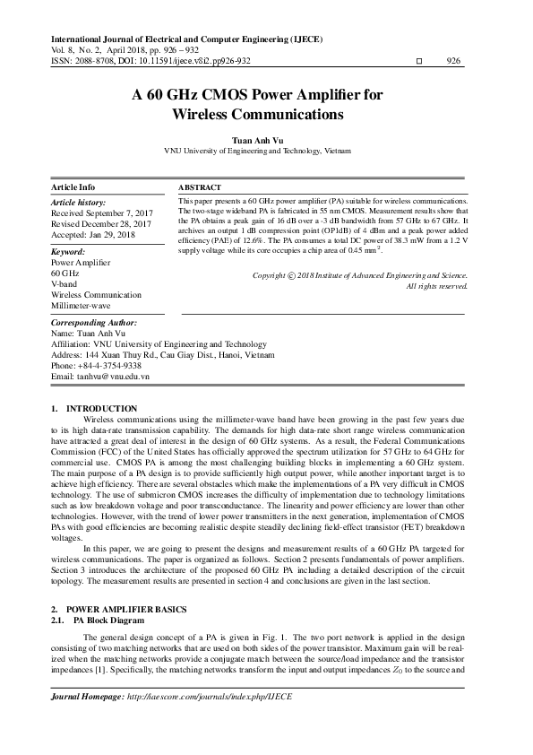 (PDF) A 60 GHz CMOS Power Amplifier for Wireless Communications