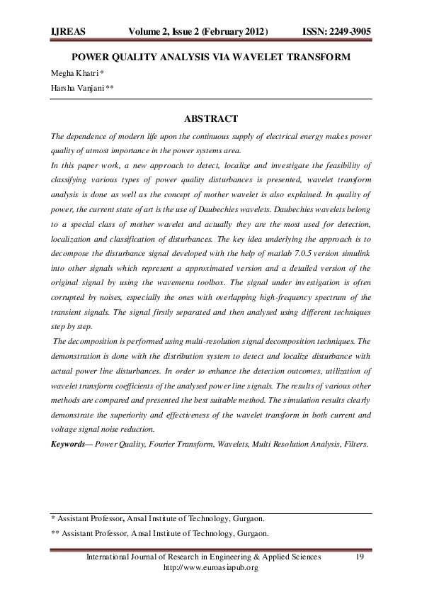 (PDF) POWER QUALITY ANALYSIS VIA WAVELET TRANSFORM