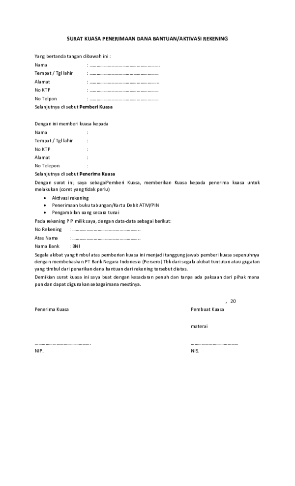 (DOC) SURAT KUASA PENERIMAAN DANA BANTUAN/AKTIVASI REKENING | sutopo