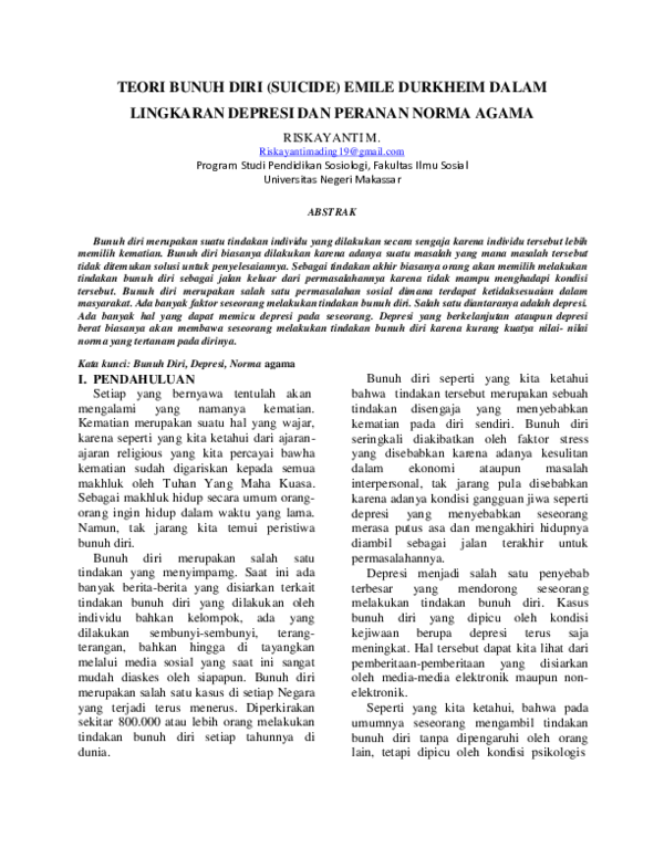 (PDF) TEORI BUNUH DIRI (SUICIDE) EMILE DURKHEIM DALAM LINGKARAN DEPRESI