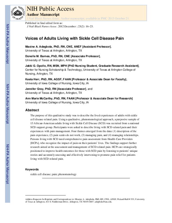 (PDF) Voices of Adults Living with Sickle Cell Disease Pain