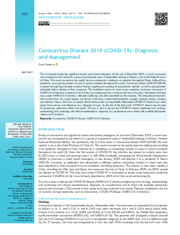 (PDF) Özdemir Ö. Coronavirus Disease 2019 (COVID-19): Diagnosis and ...