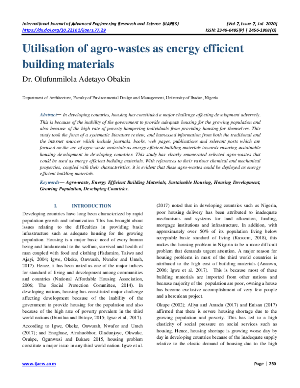 (PDF) Utilisation of agro-wastes as energy efficient building materials