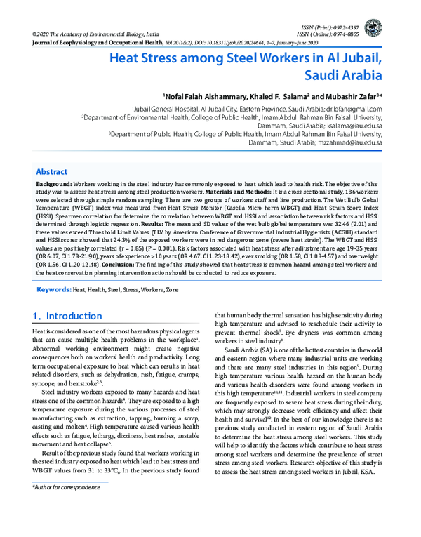 (PDF) Heat Stress among Steel Workers in Al Jubail, Saudi Arabia