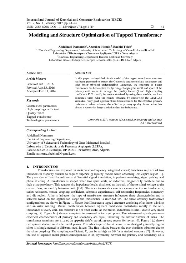 (PDF) Modeling and Structure Optimization of Tapped Transformer