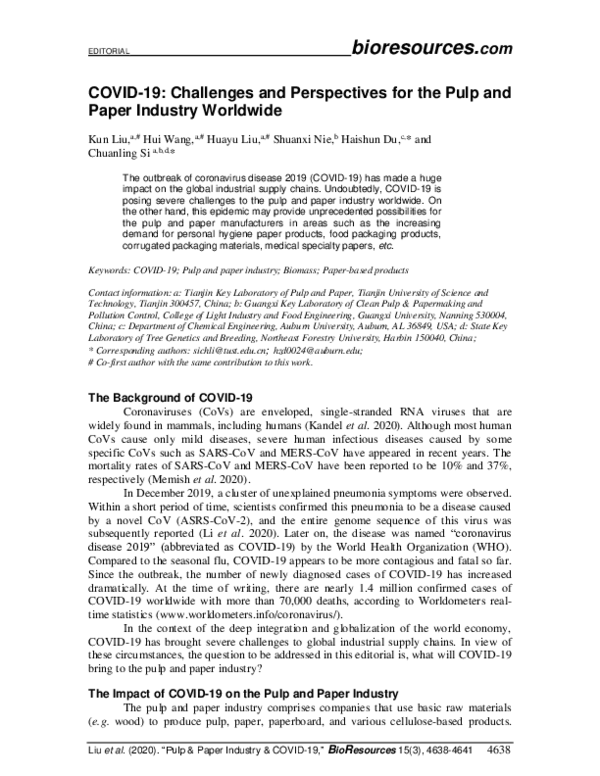 (PDF) COVID-19: Challenges and Perspectives for the Pulp and Paper ...