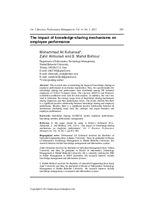 (PDF) The impact of knowledge-sharing mechanisms on employee performance