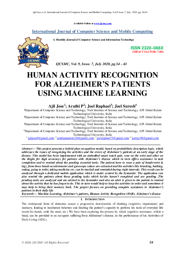 (PDF) HUMAN ACTIVITY RECOGNITION FOR ALZHEIMER’S PATIENTS USING MACHINE ...