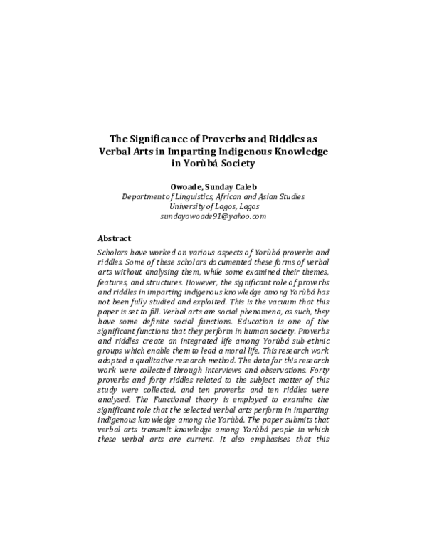(PDF) J19 The Significance of Proverbs and Riddles as Verbal Arts in ...