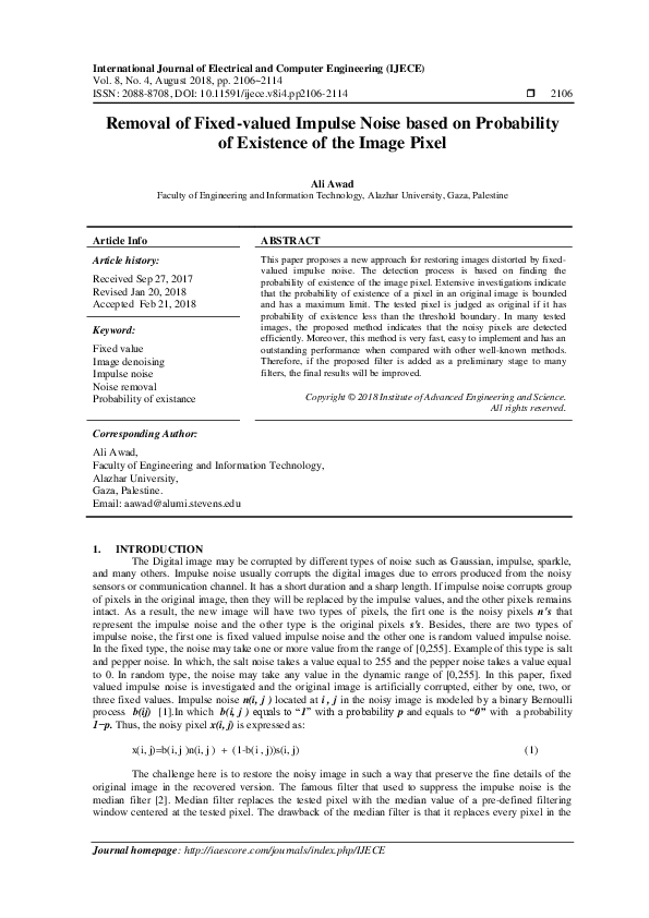 (PDF) Removal of Fixed-valued Impulse Noise based on Probability of ...