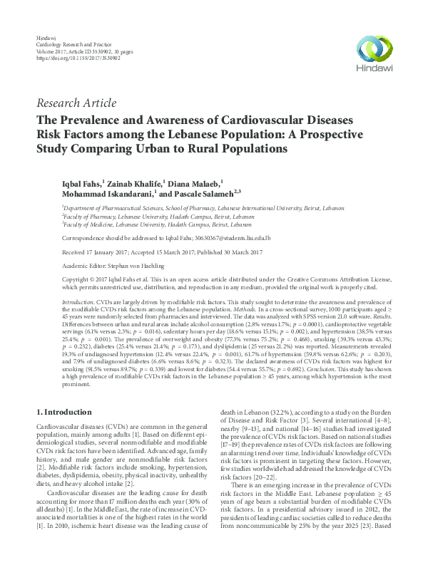 (PDF) The Prevalence and Awareness of Cardiovascular Diseases Risk ...