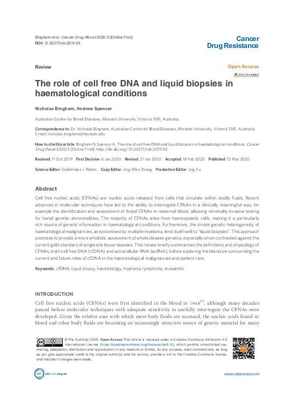 (PDF) The role of cell free DNA and liquid biopsies in haematological ...