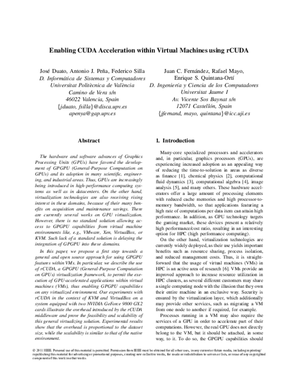 (PDF) Enabling CUDA acceleration within virtual machines using rCUDA