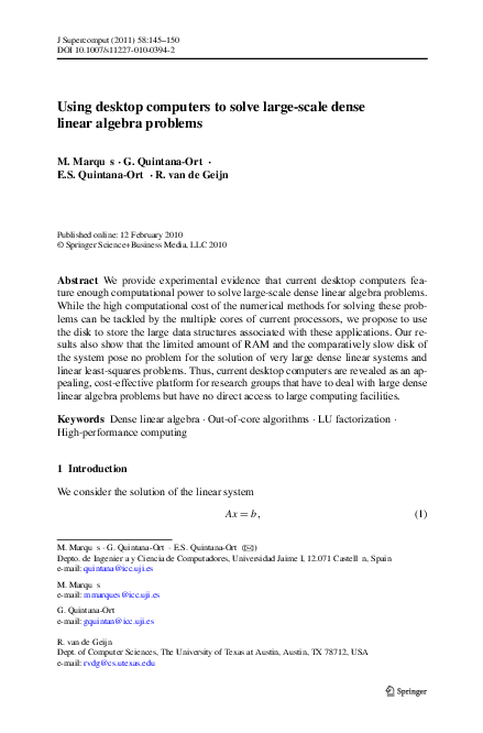 (PDF) Using desktop computers to solve large-scale dense linear algebra ...