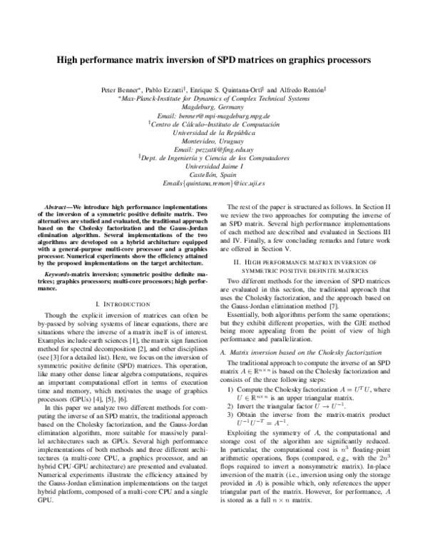 (PDF) High performance matrix inversion of SPD matrices on graphics ...