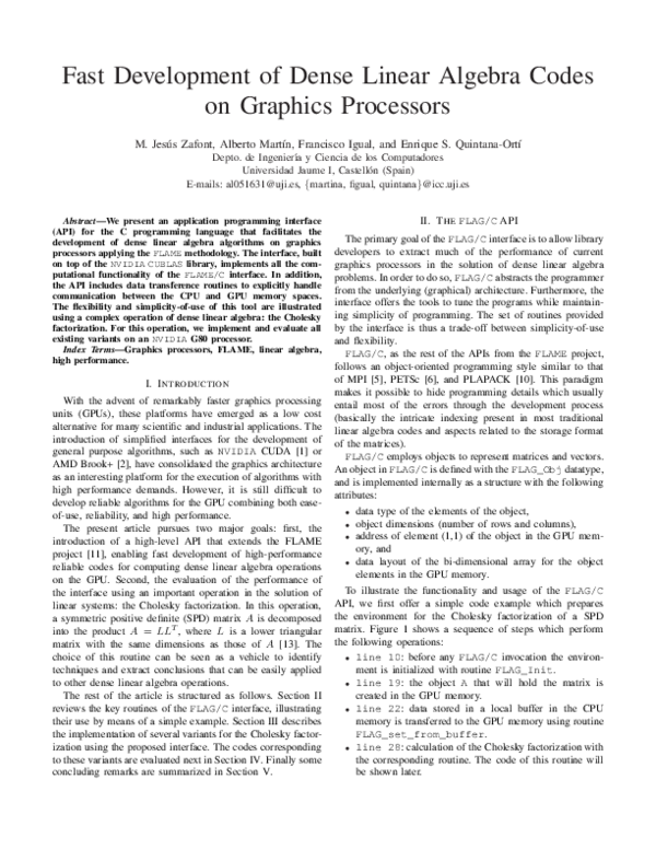 (PDF) Fast development of dense linear algebra codes on graphics processors