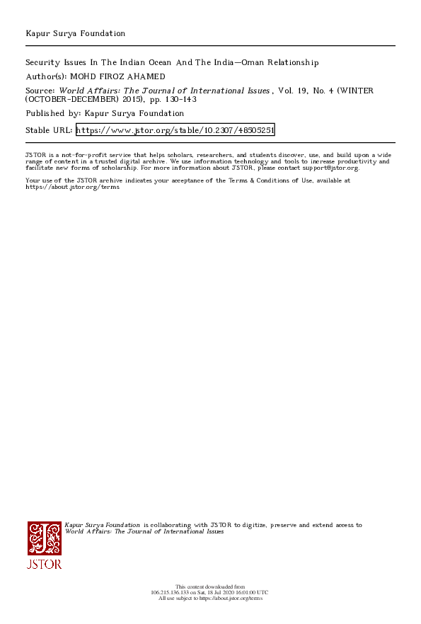(PDF) Security Issues In The Indian Ocean And The India–Oman Relationship