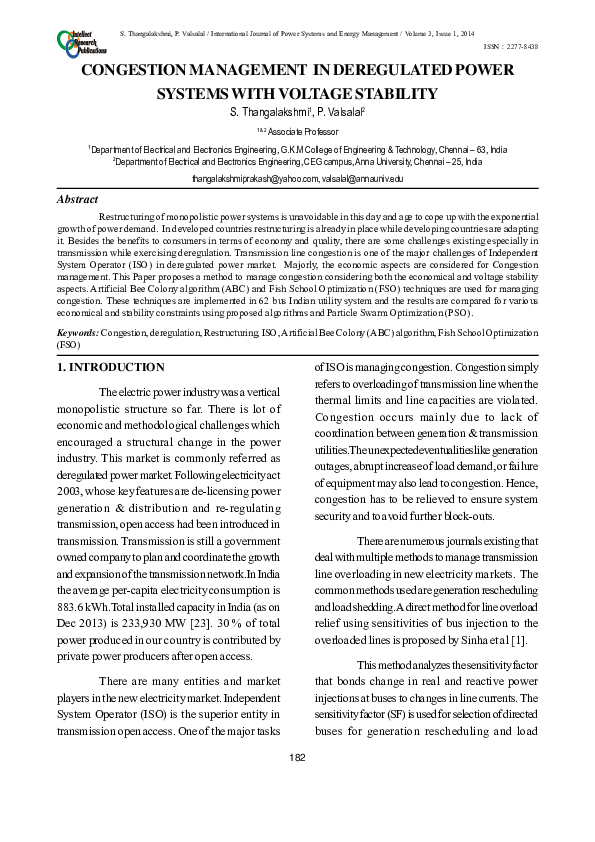 (PDF) CONGESTION MANAGEMENT IN DEREGULATED POWER SYSTEMS WITH VOLTAGE ...