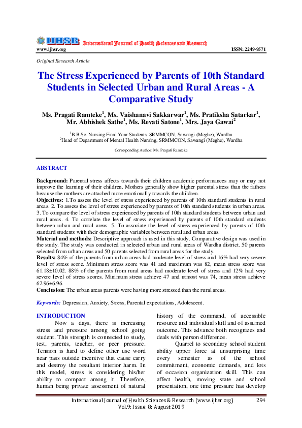 (PDF) The Stress Experienced by Parents of 10th Standard Students in ...