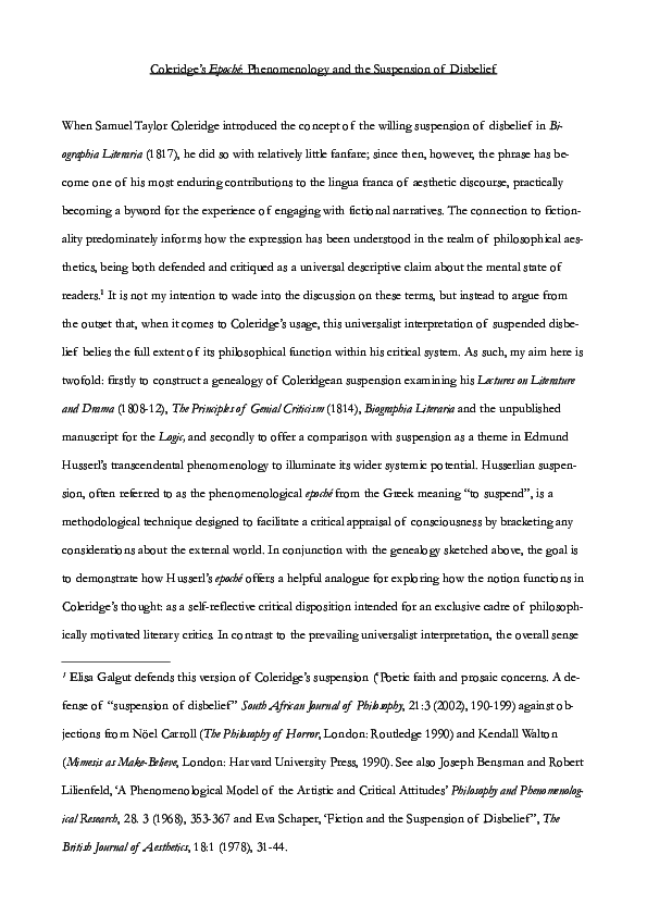 (PDF) Coleridge's Epoché Phenomenology and the Suspension of Disbelief