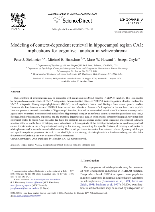 (PDF) Modeling of context-dependent retrieval in hippocampal region CA1 ...