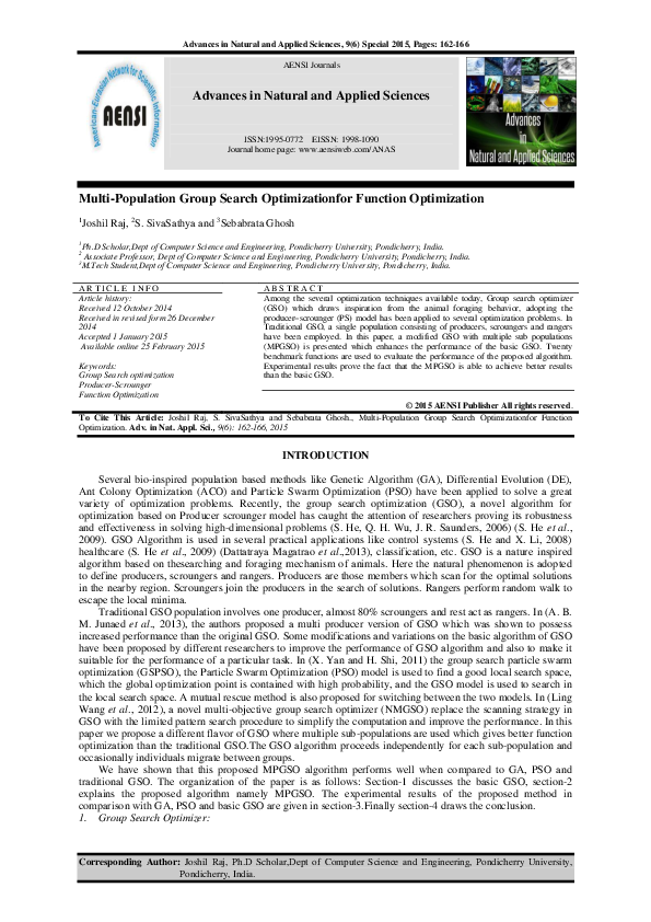 (PDF) Multi-Population Group Search Optimizationfor Function Optimization