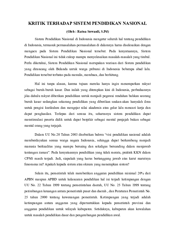 Doc Kritik Terhadap Sistem Pendidikan Nasional Ratna Suwanli Academia Edu